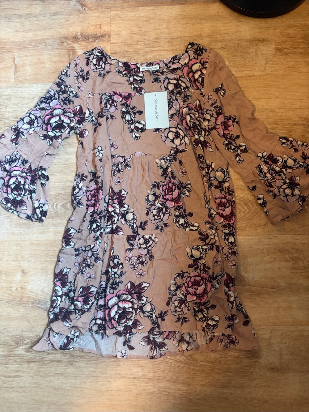 Sundance Mauve Floral Tiered Mini Dress with Bell Sleeves